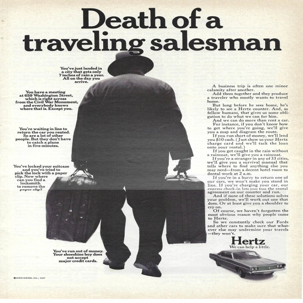 1967 Hertz Rental Death of a Traveling Salesman Vintage Magazine Print Ad/Poster
